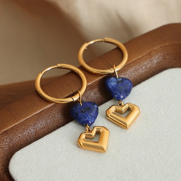 Heart Shape Lapis Lazuli Dangle Earrings - Picture 3 of 10